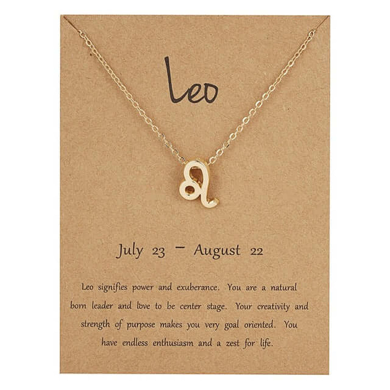Gold Zodiac Necklace with Leo zodiac symbol pendant displayed on a gold chain with Leo zodiac information card.