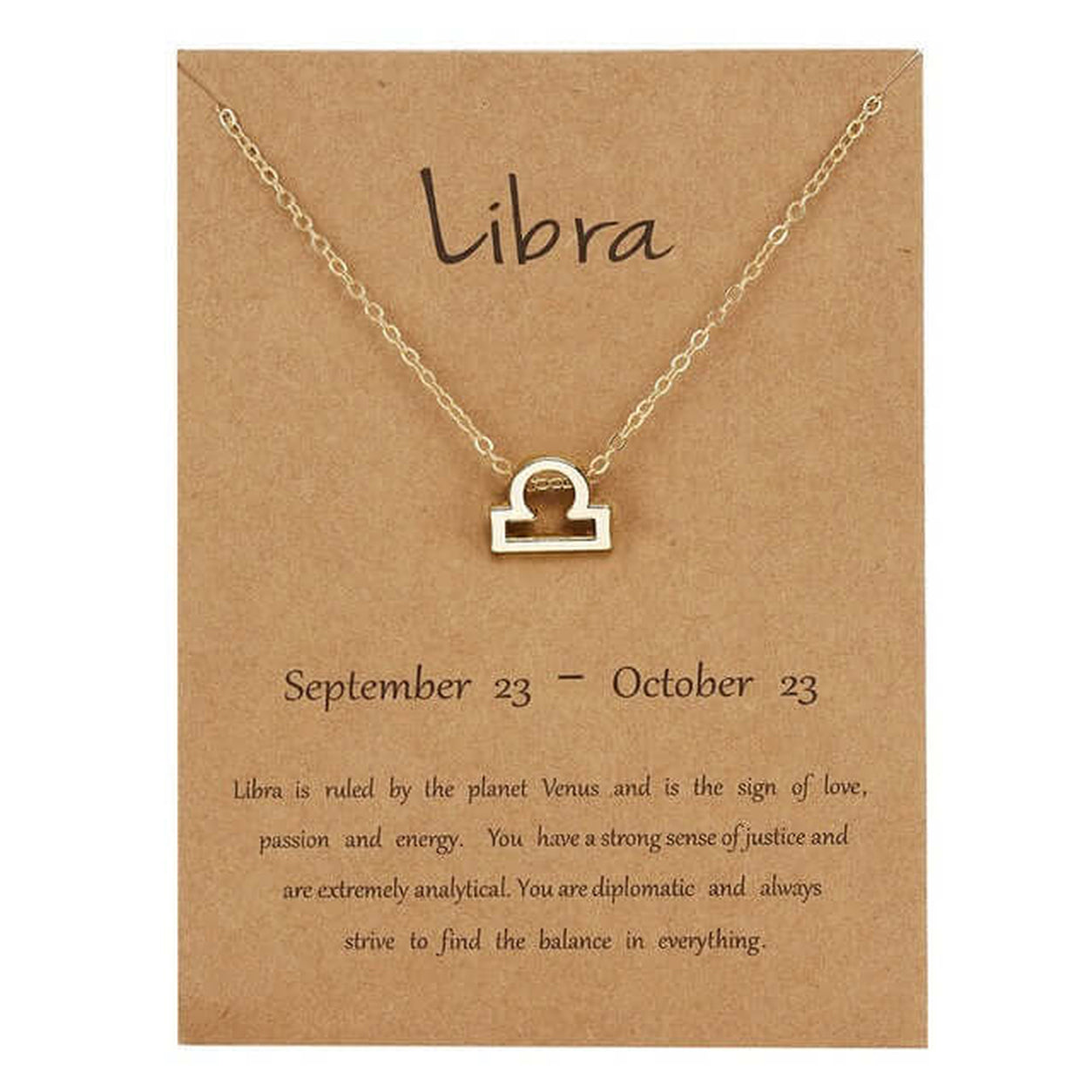Gold Zodiac Necklace with Libra zodiac symbol pendant on a fine gold chain displayed with Libra zodiac information card.