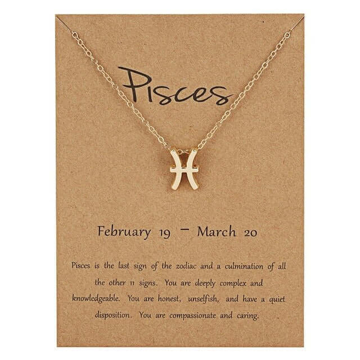 Gold Zodiac Necklace featuring Pisces zodiac sign pendant.