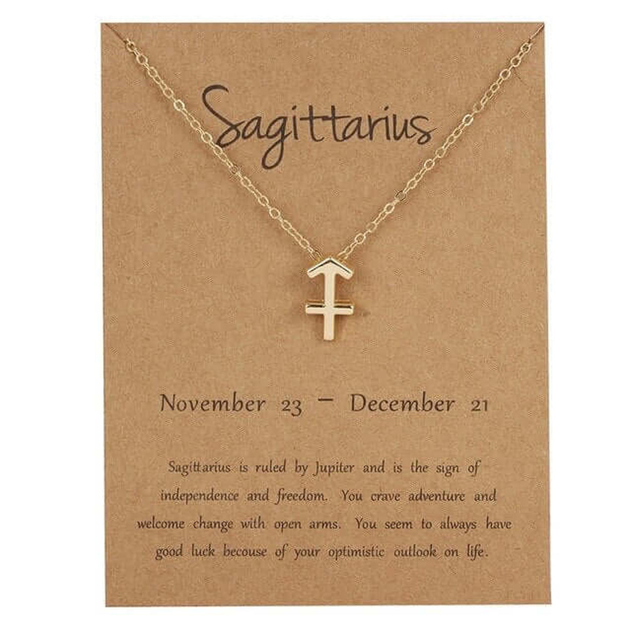 Gold Zodiac Necklace with Sagittarius zodiac symbol pendant on a fine gold chain displayed with Sagittarius zodiac information card.