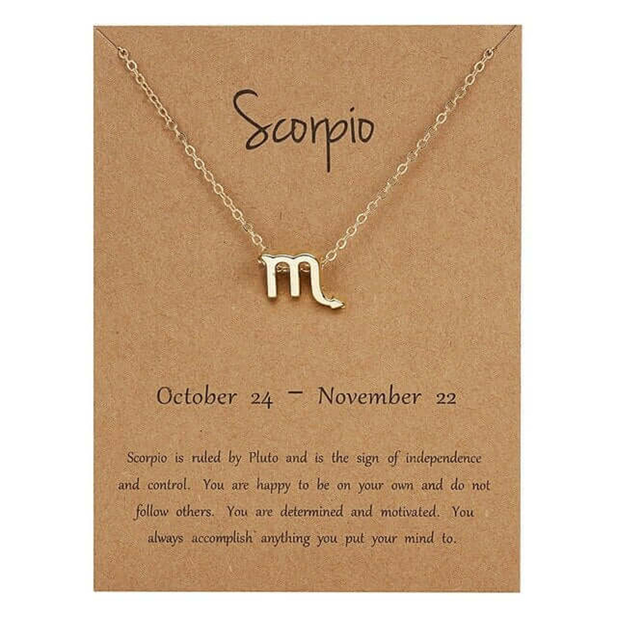 Gold Zodiac Necklace featuring the Scorpio zodiac symbol pendant on a delicate gold chain with Scorpio zodiac card.