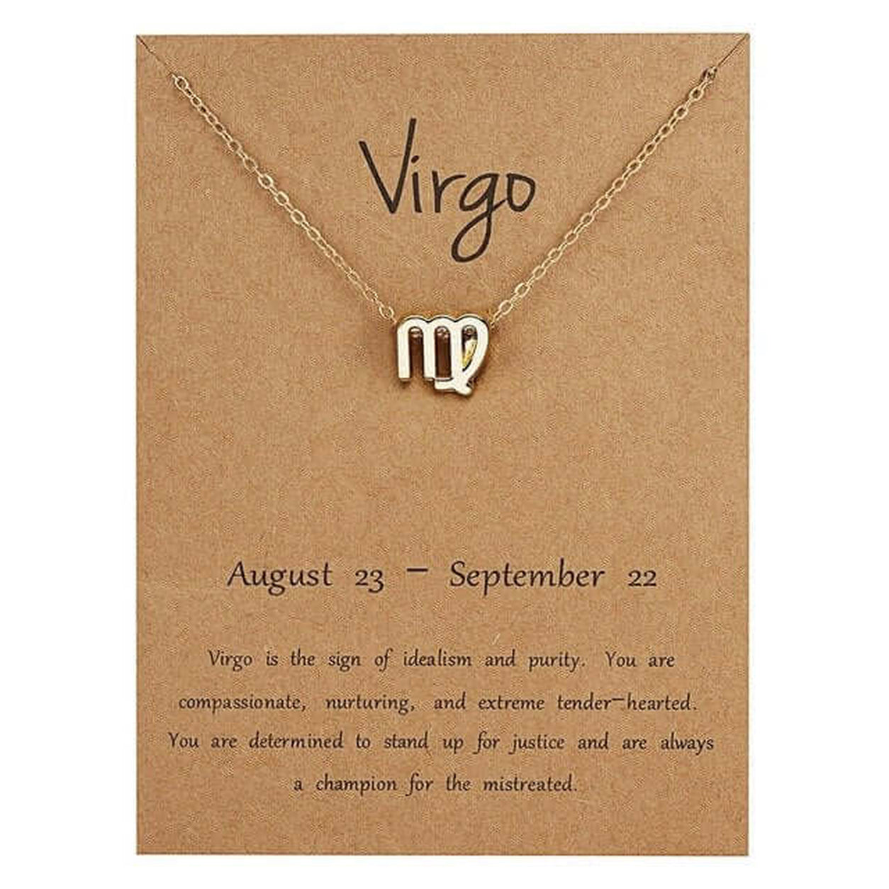 Gold Zodiac Necklace featuring the Virgo zodiac symbol pendant on a delicate gold chain with Virgo zodiac card.