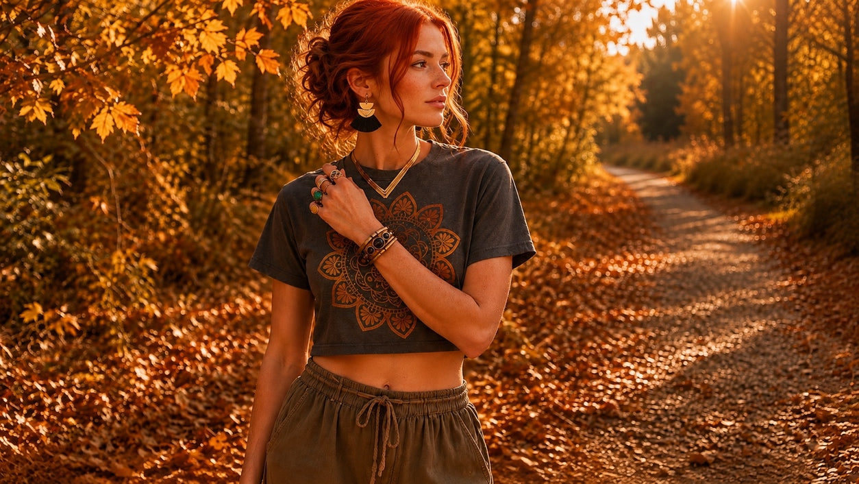 Golden Autumn collection hero featuring woman in boho fashion walking through an autumn forest in warm golden light.