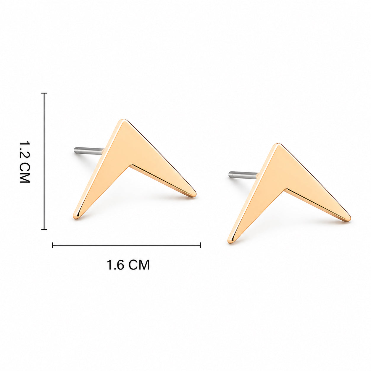 Golden Geometric Stud Earrings with size dimensions shown, minimalist gold stud earrings.