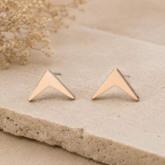 Golden Geometric Stud Earrings displayed on a natural stone surface with a minimalist boho background.