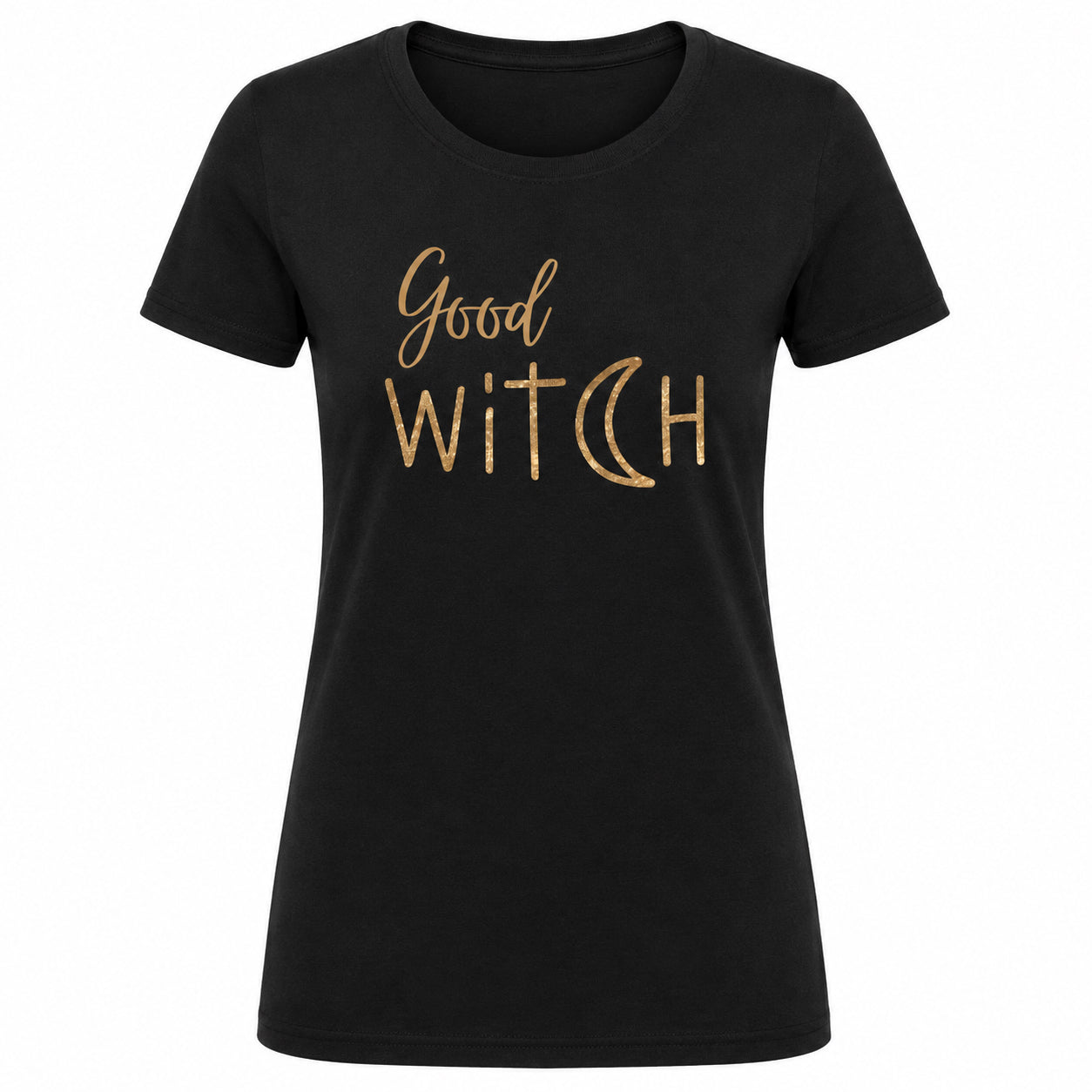 Front view of the Good Witch T-Shirt in black featuring metallic gold “Good Witch” typography on a white background.