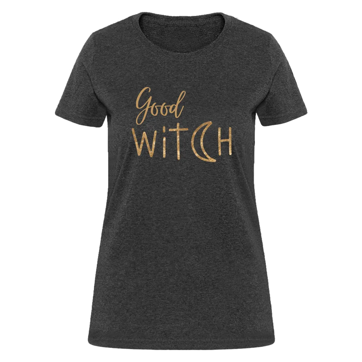 Front view of the Good Witch T-Shirt in dark heather gray featuring metallic gold “Good Witch” typography on a white background.
