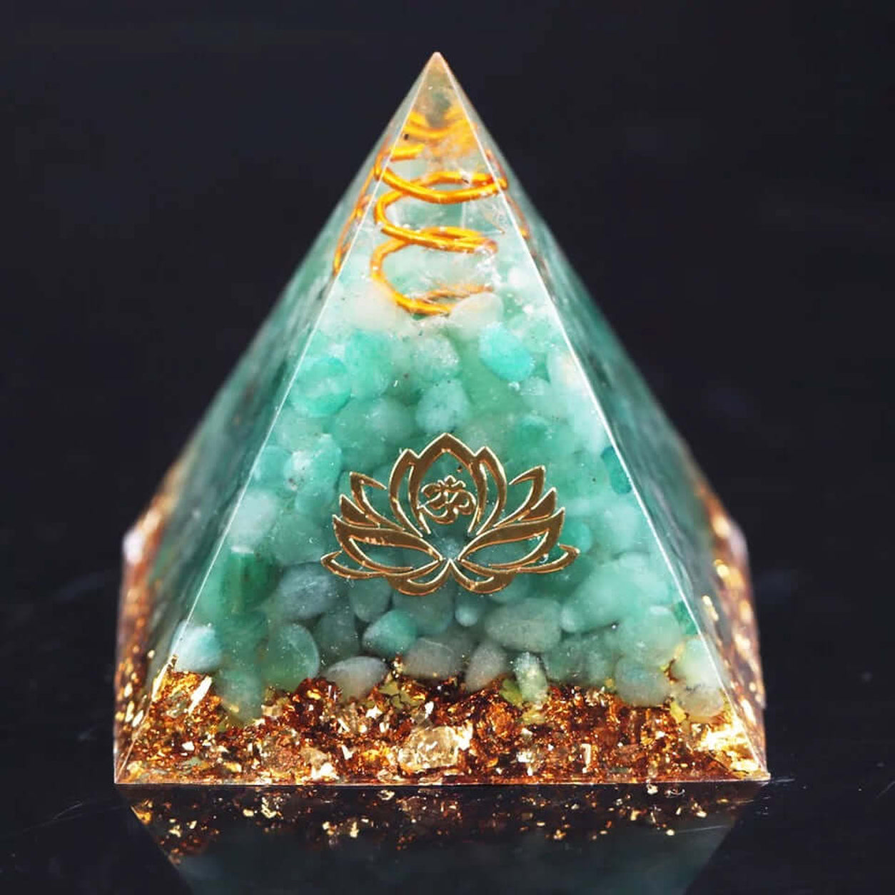 Green Aventurine Lotus Crystal Pyramid featuring natural Green Aventurine, copper coil, gold foil and lotus symbol.