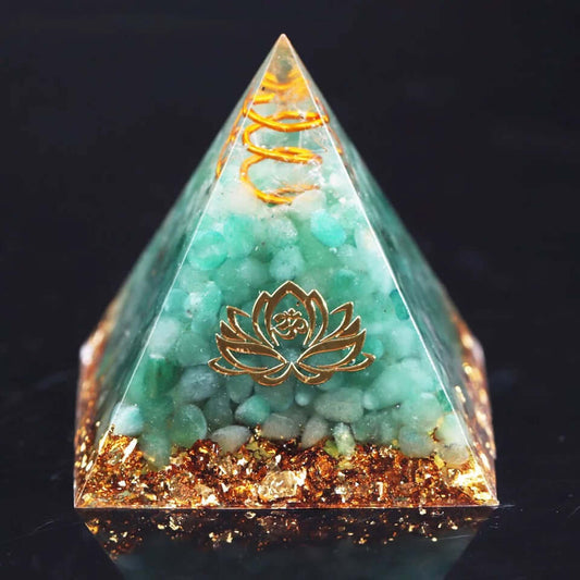 Green Aventurine Lotus Crystal Pyramid featuring natural Green Aventurine, copper coil, gold foil and lotus symbol.