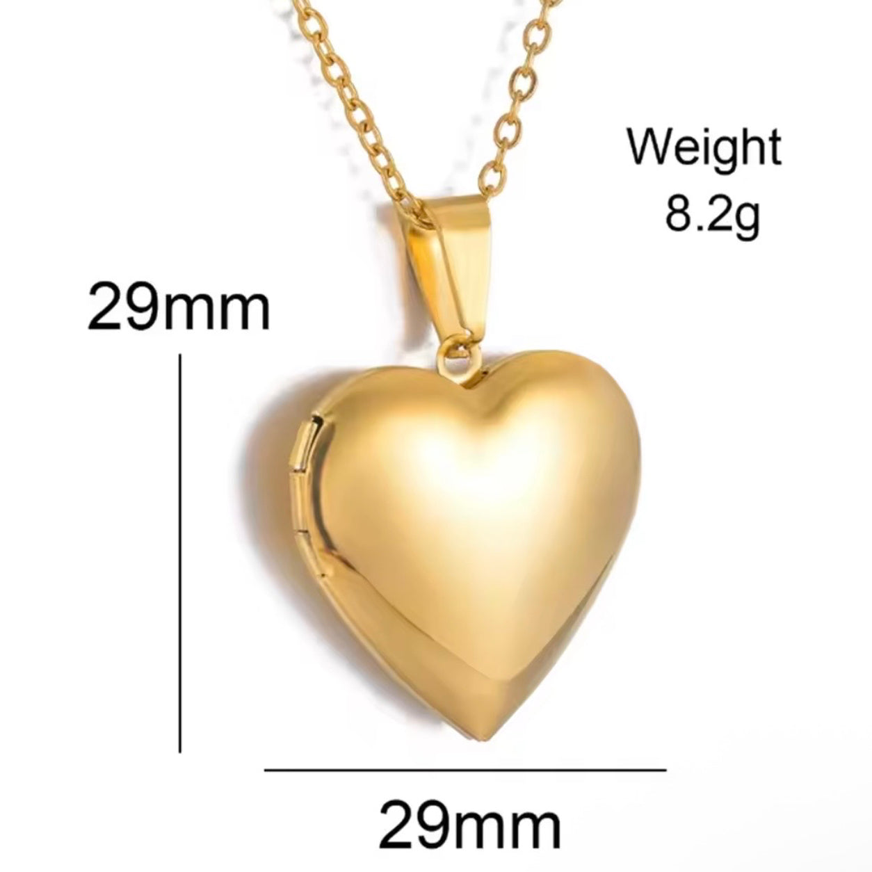 Heart Locket Necklace dimensions measuring 29 mm by 29 mm with an 8.2 g pendant.