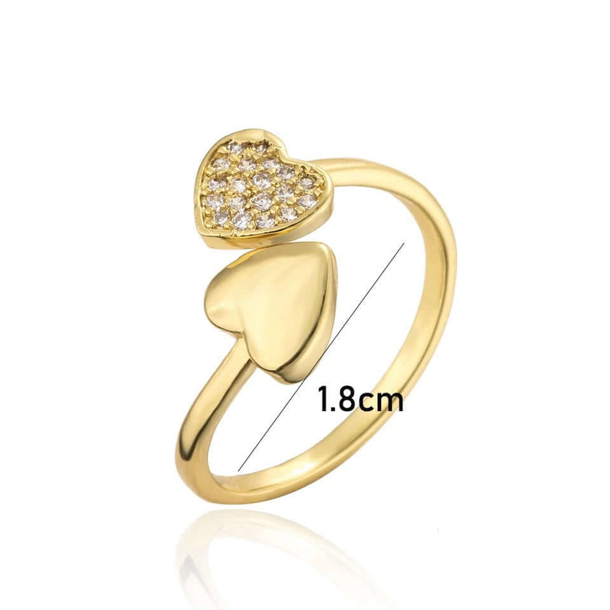Hearts Of Gold Ring showing the adjustable open-band design with heart details and sizing reference.