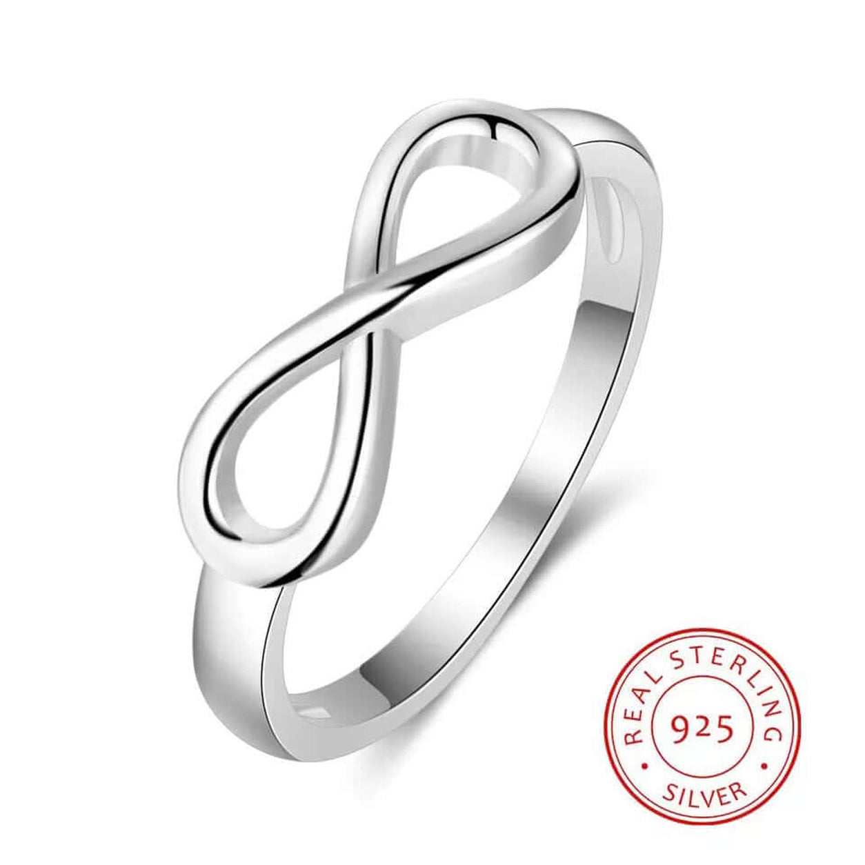 Polished 925 sterling silver Infinity Ring isolated on a white background.