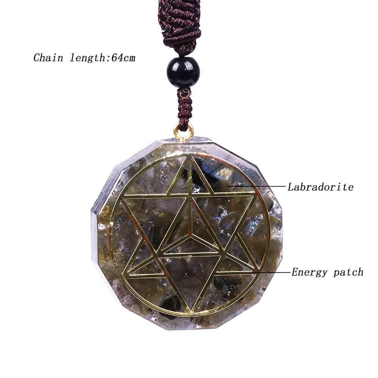 Labradorite Merkaba Pendant Necklace with adjustable cord, sacred geometry design, and genuine labradorite crystal.