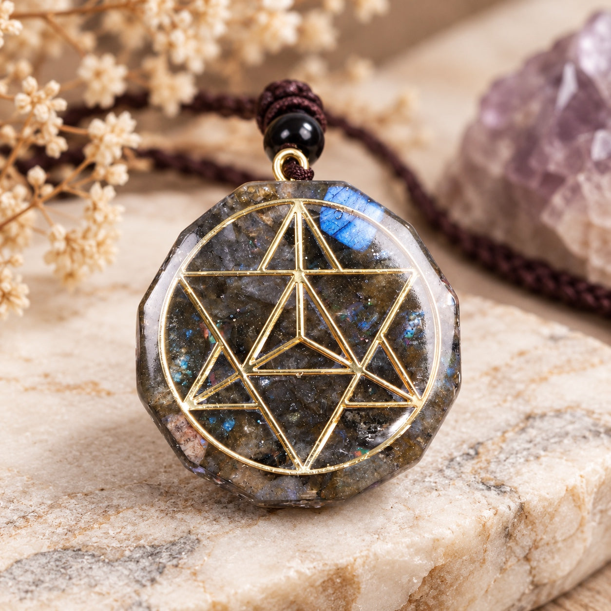 Labradorite Merkaba Pendant Necklace featuring natural labradorite crystal with sacred geometry Merkaba design on an adjustable cord.