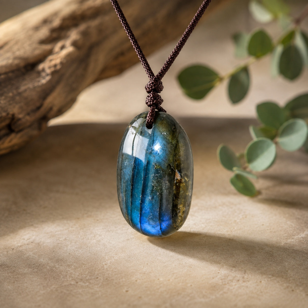 Natural Labradorite Stone Necklace with polished oval labradorite gemstone pendant on adjustable brown cord necklace.