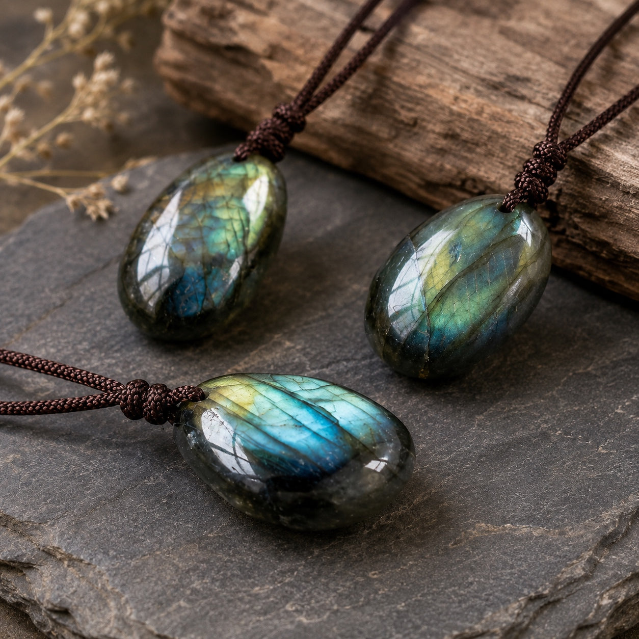 Natural Labradorite Stone Necklace showing unique gemstone color variations with blue and green flash on adjustable cord.