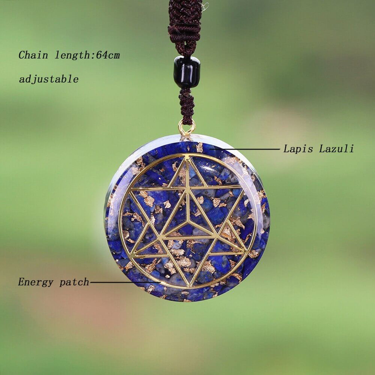 Lapis Lazuli Merkaba Pendant Necklace with adjustable cord, natural lapis lazuli, and sacred geometry pendant.