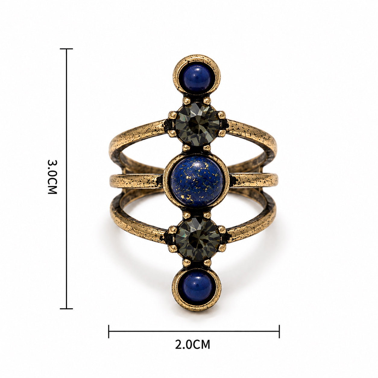 Lapis Lazuli Stone Ring size guide showing the antique bronze ring measuring approximately 2 cm wide by 3 cm tall.
