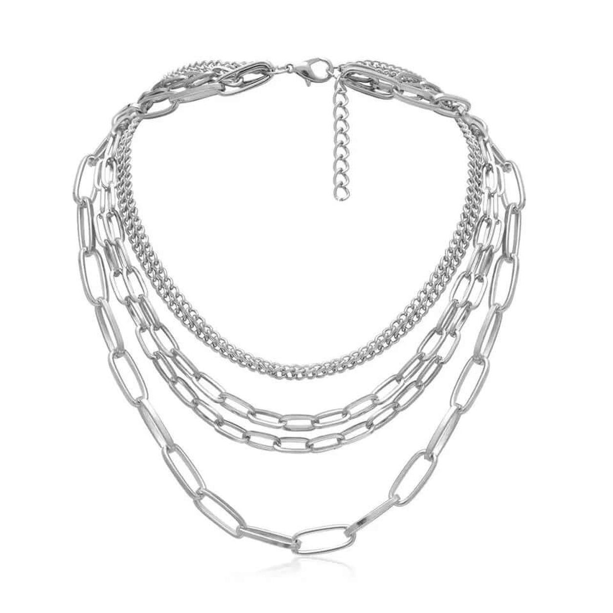 Silver Layered Chains Necklace with four adjustable layered paperclip and curb chains on a white background.
