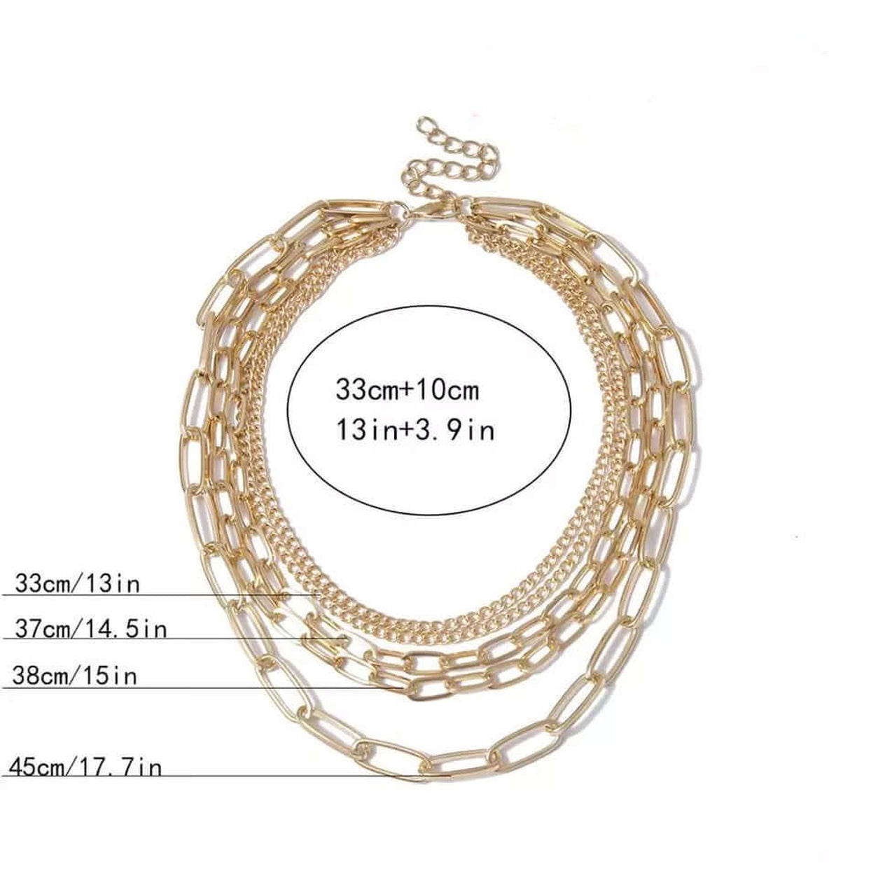 Layered Chains Necklace size guide showing four chain lengths with an adjustable extender for a customized fit.