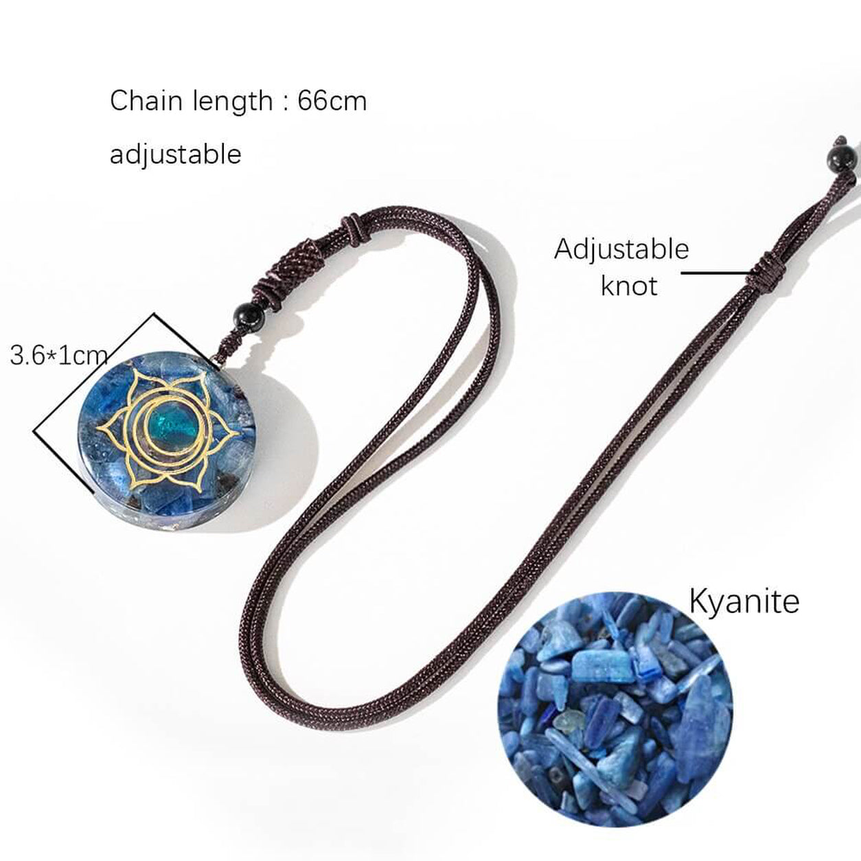 Lotus Kyanite Pendant Necklace showing adjustable 66 cm cord, pendant dimensions, and natural blue kyanite crystal details.