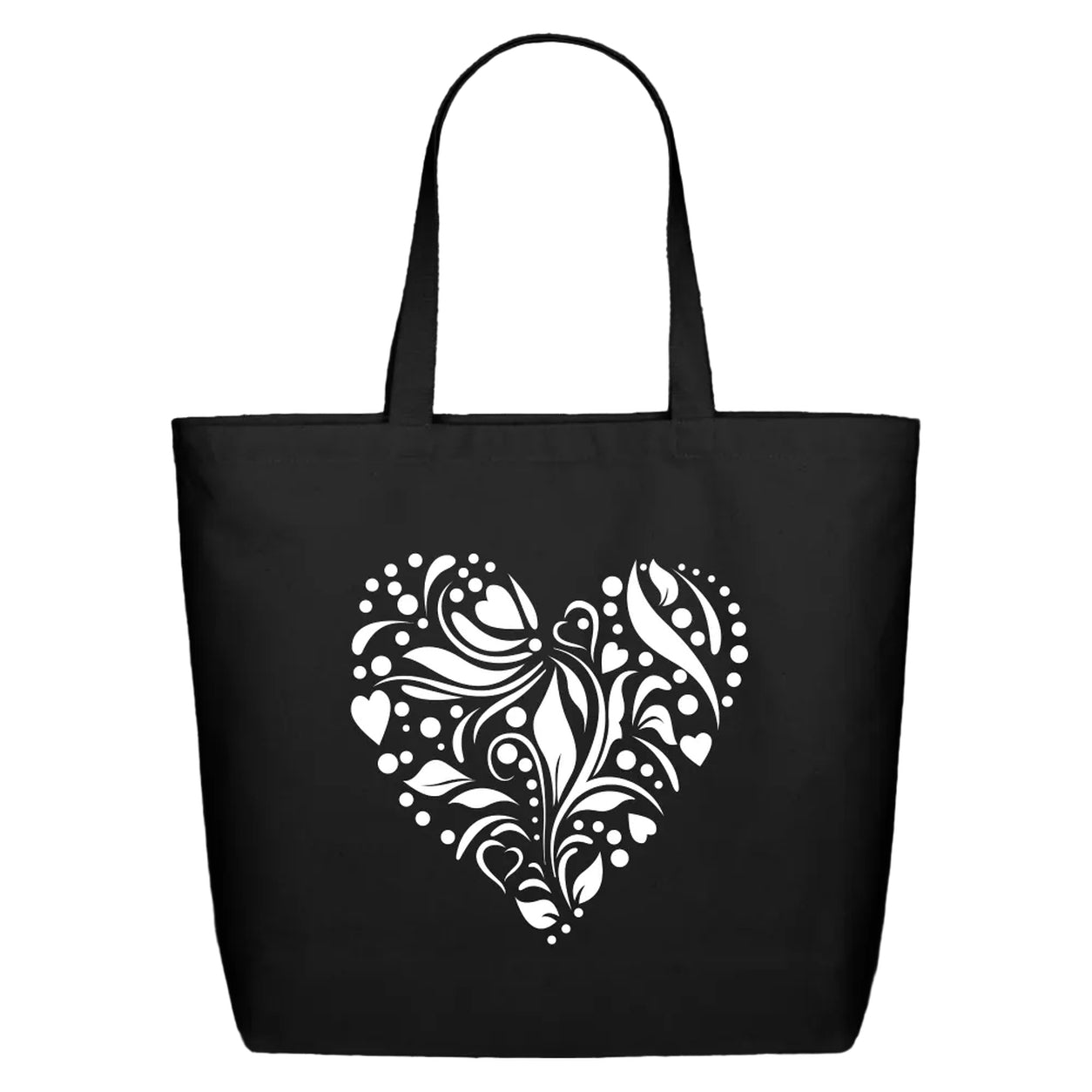 Loving Heart Tote Bag in black canvas with a white floral heart design, front view on a clean white background.