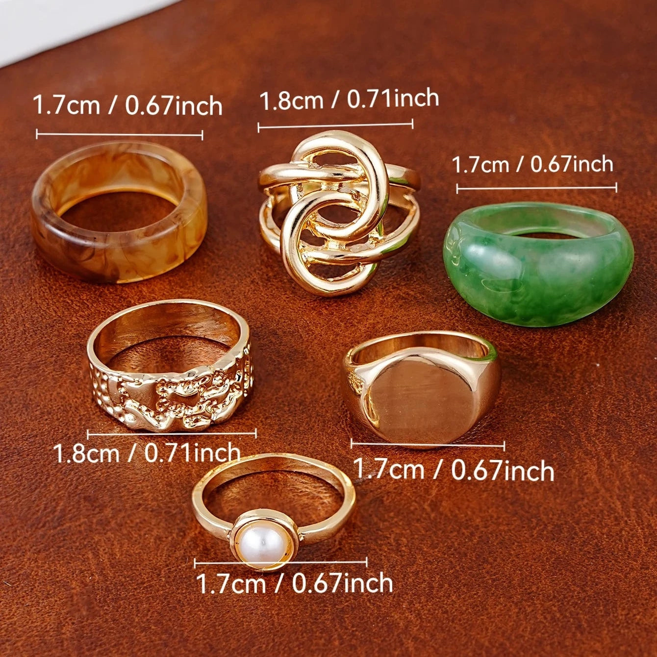 Luxe Resin Statement Ring Set size guide showing measurements for each resin and gold-tone statement ring.