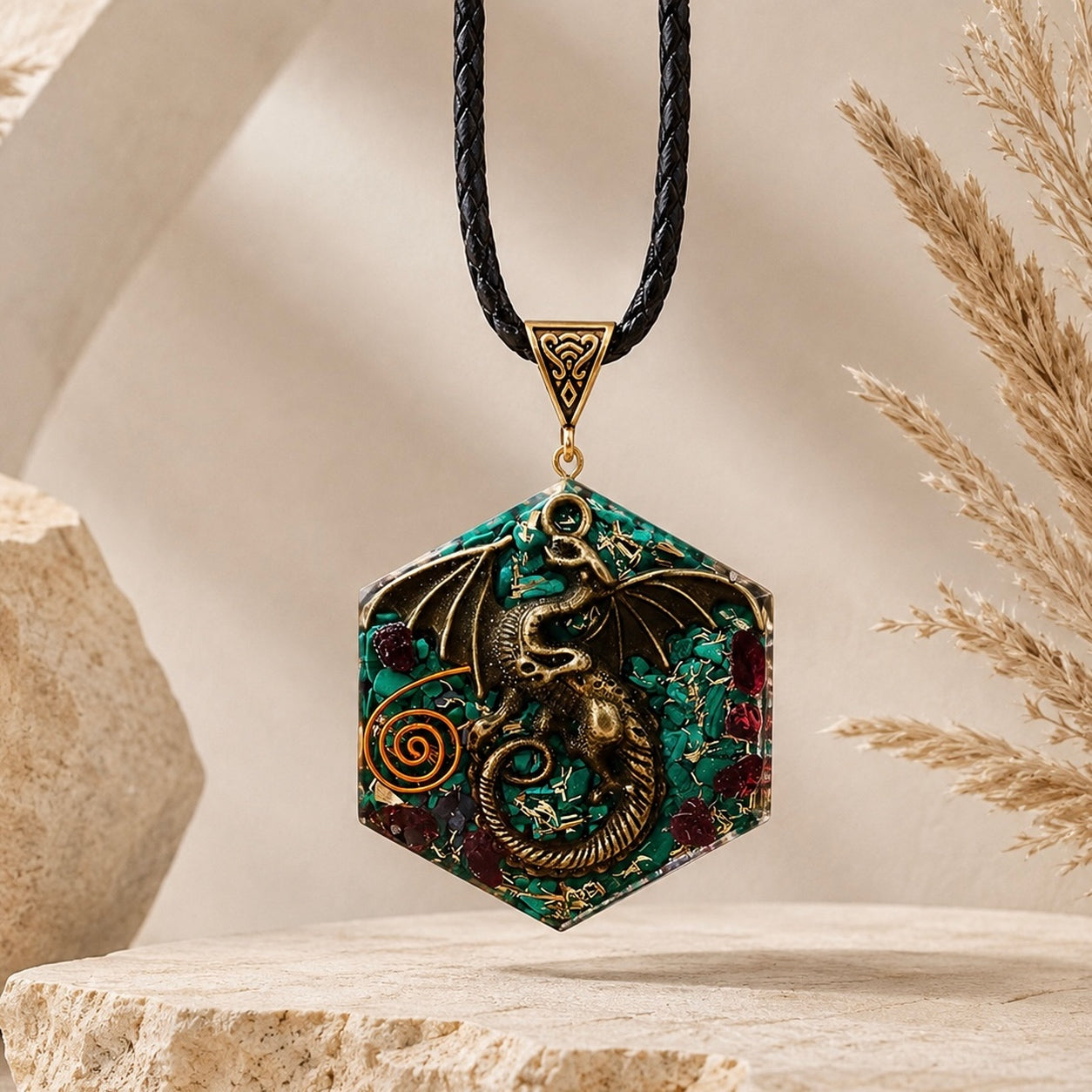 Malachite Dragon Pendant Necklace featuring an antique bronze dragon suspended in natural malachite and garnet stones on a braided cord.