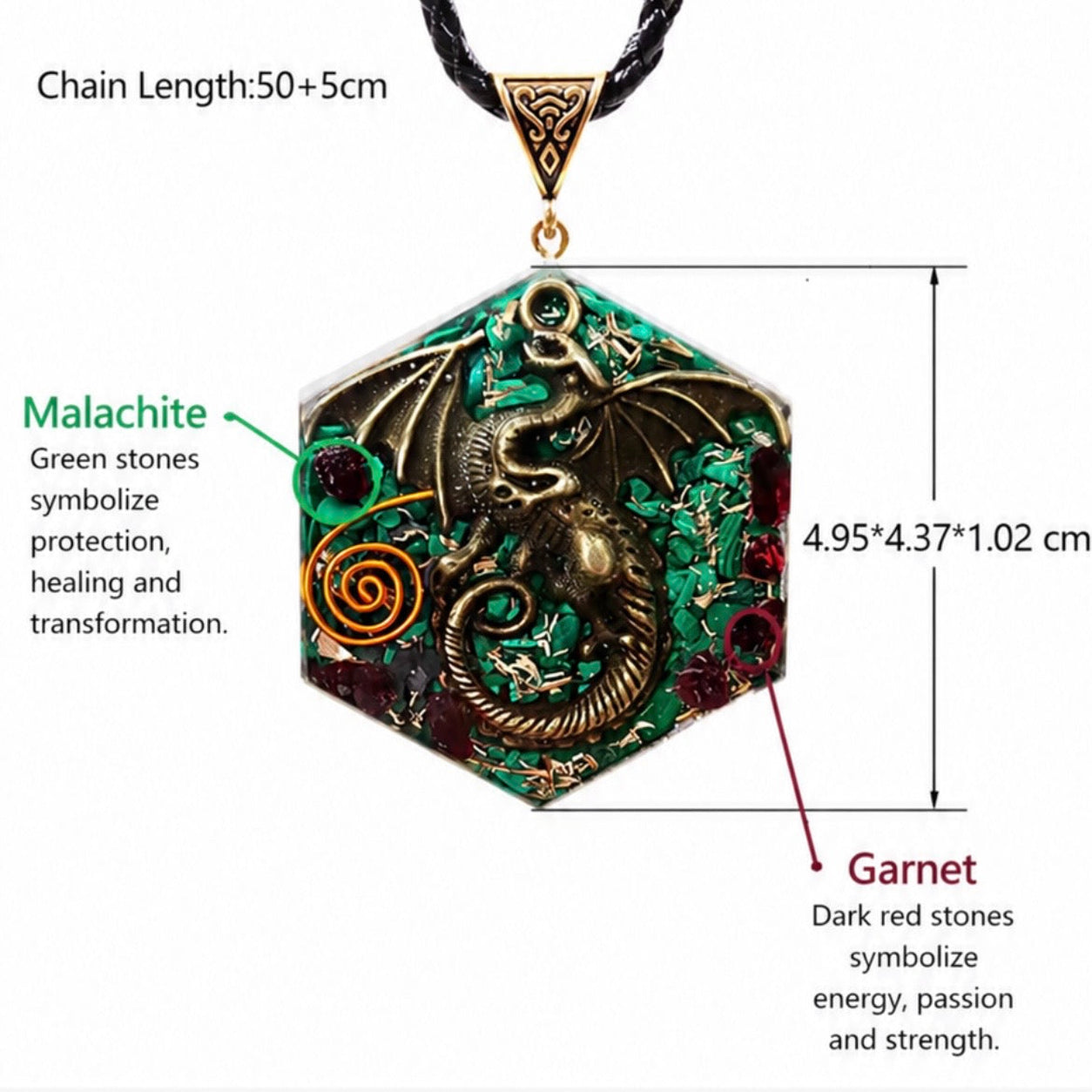 Malachite Dragon Pendant Necklace showing pendant dimensions, braided cord length and natural malachite with garnet stone accents.