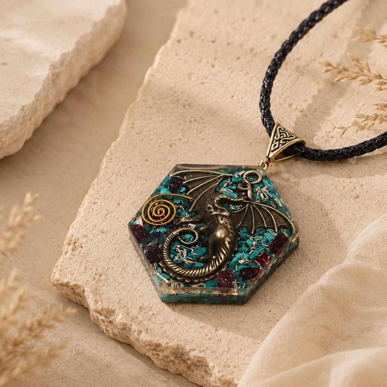 Close-up of the Malachite Dragon Pendant Necklace showcasing antique bronze dragon details, malachite stones and garnet accents.
