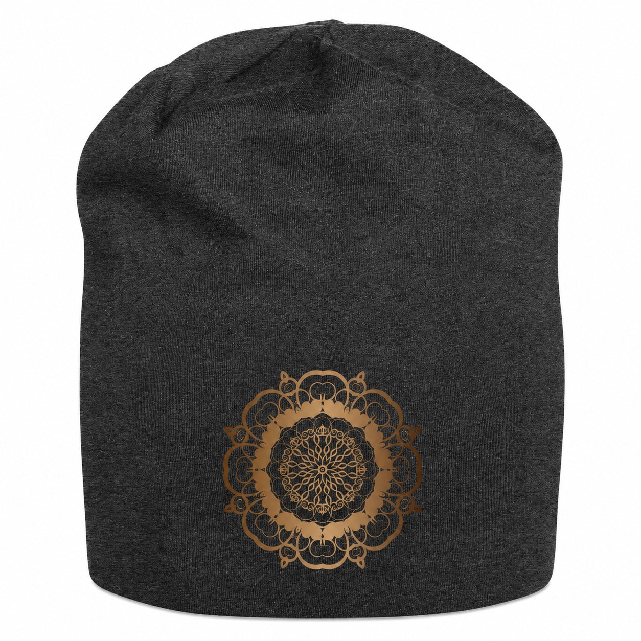 Front view of the charcoal gray Mandala Beanie Hat featuring a bronze mandala graphic on a soft knit beanie.