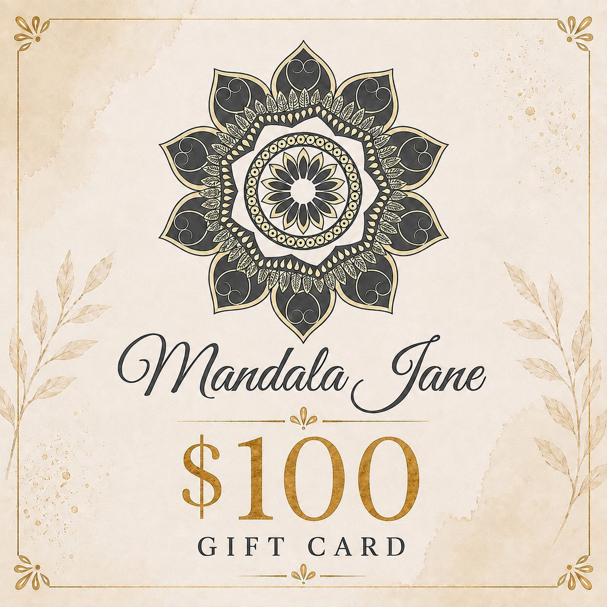 Mandala Jane $100 gift card featuring an ornate mandala design in gold and charcoal.