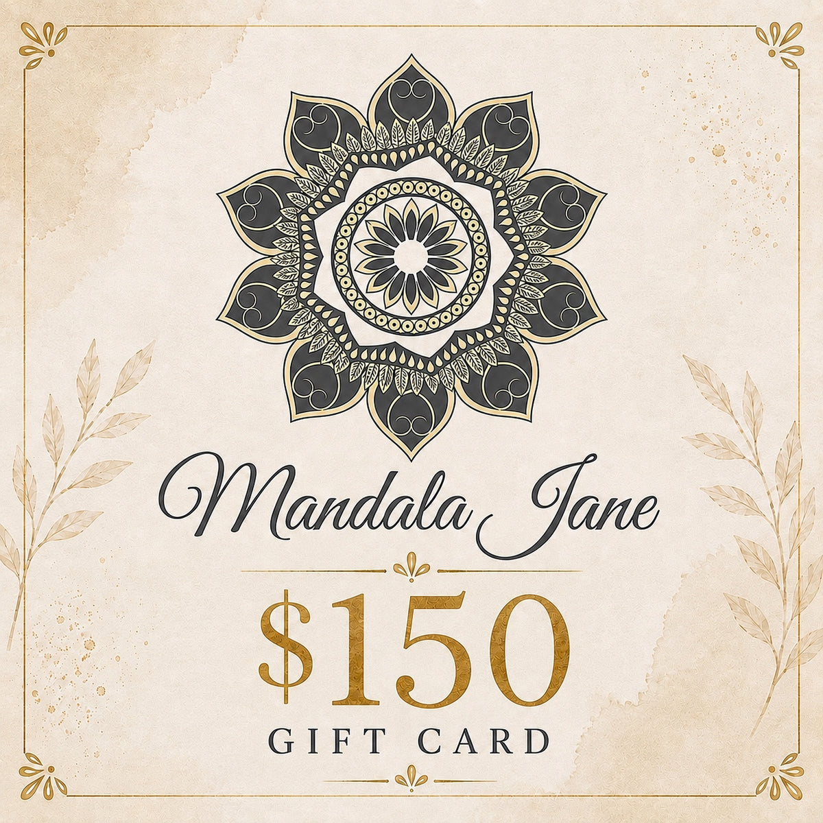 Mandala Jane $150 gift card featuring an ornate mandala design in gold and charcoal.