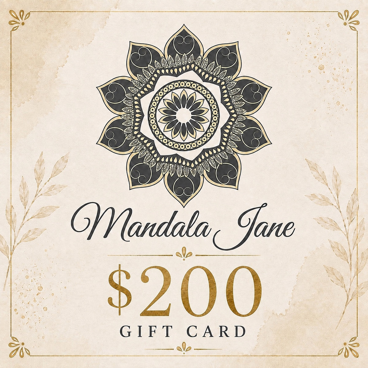 Mandala Jane $200 gift card featuring an ornate mandala design in gold and charcoal.