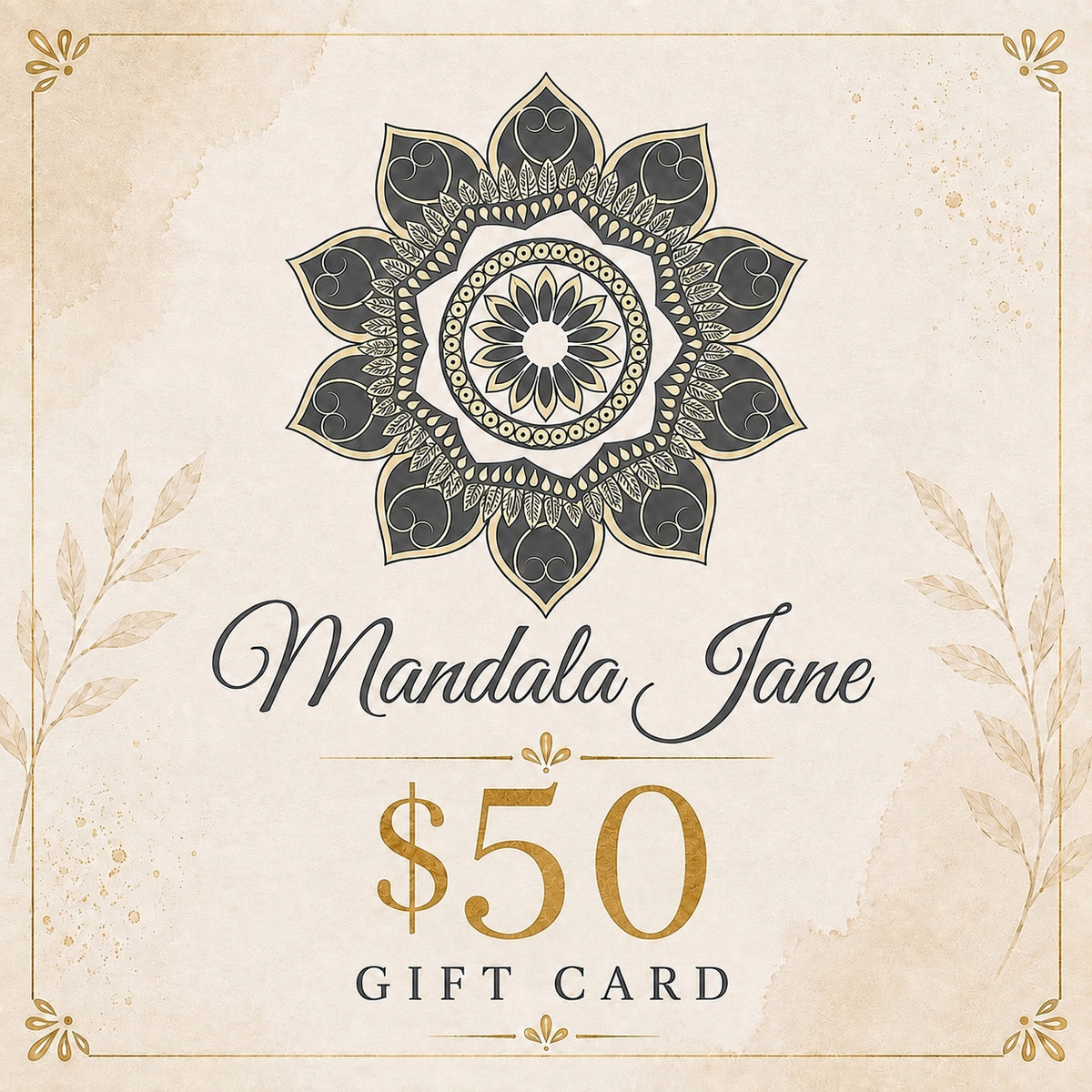 Mandala Jane $50 gift card featuring an ornate mandala design in gold and charcoal.