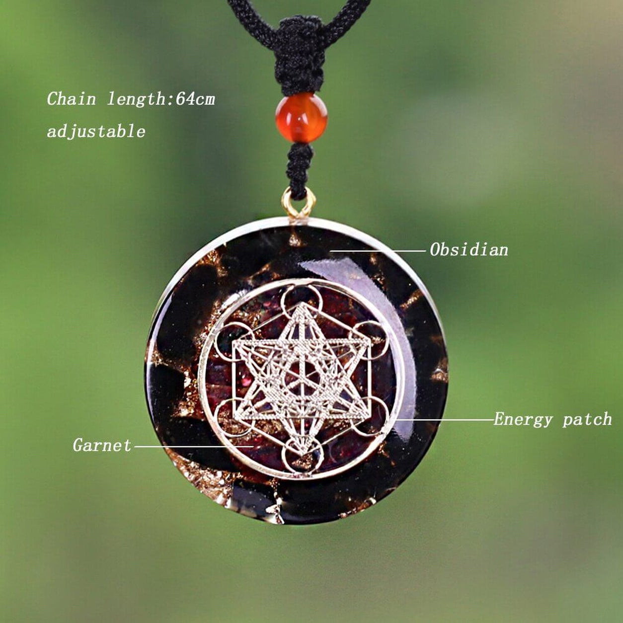 Metatron’s Cube Obsidian Pendant Necklace with adjustable cord, natural obsidian, garnet bead, and sacred geometry pendant.