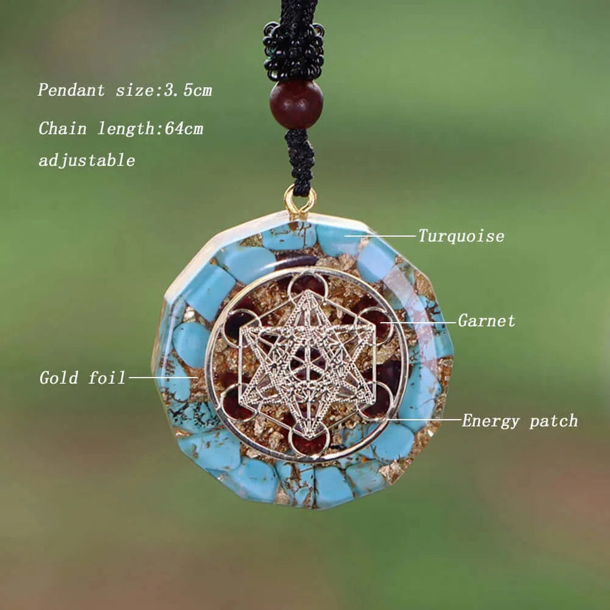 Metatron’s Cube turquoise pendant necklace showing turquoise, garnet, gold foil and adjustable 64cm cord.