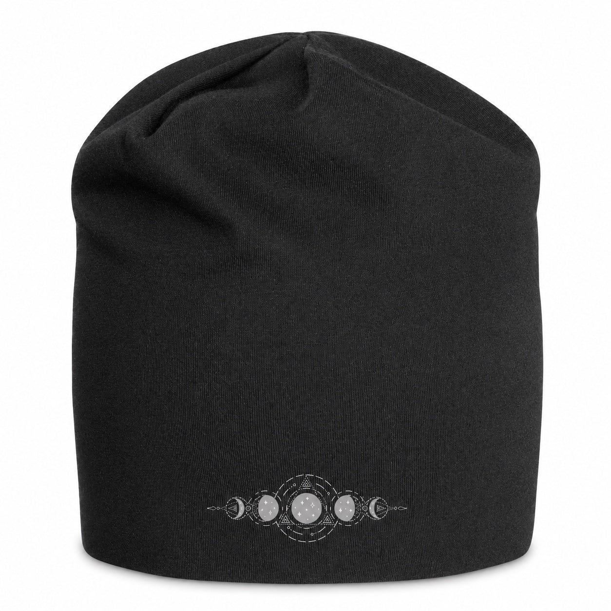 Front view of the black Moon Magic Beanie Hat featuring a minimalist moon phase celestial design on a soft knit beanie.