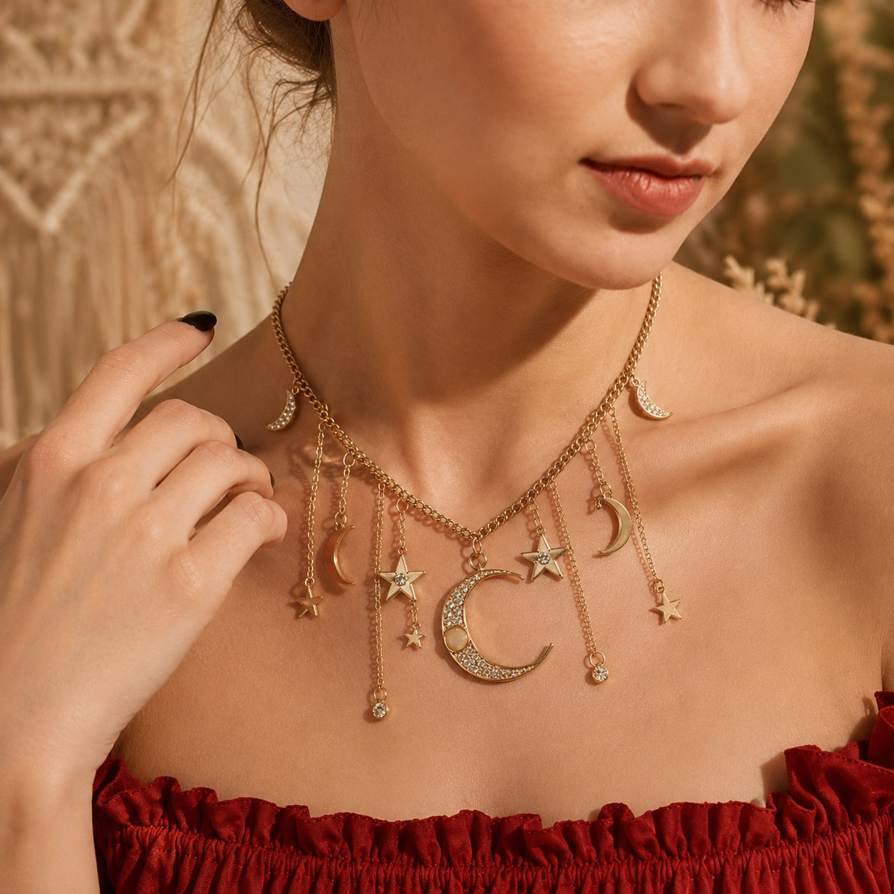 Woman wearing the Moon & Stars Charm Necklace, a gold layered celestial necklace with crescent moon, star charms, crystal accents, and dangling chains in a boho-inspired close-up.