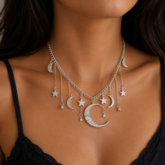 Woman wearing silver Moon & Stars Charm Necklace with crescent moon and star charms
