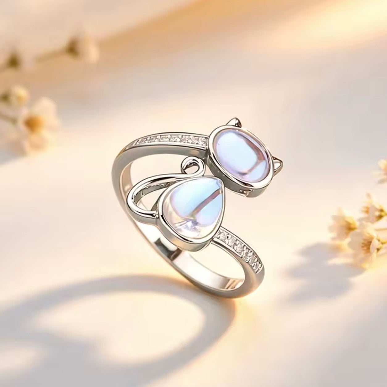 Angled view of the Moonstone Cat Ring with iridescent moonstone stones and sparkling crystal accents.