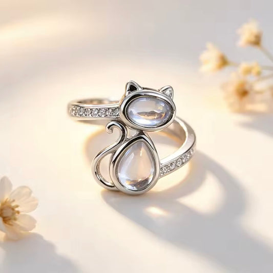 Moonstone Cat Ring featuring an adorable cat design with shimmering moonstone gemstones and a silver adjustable band.