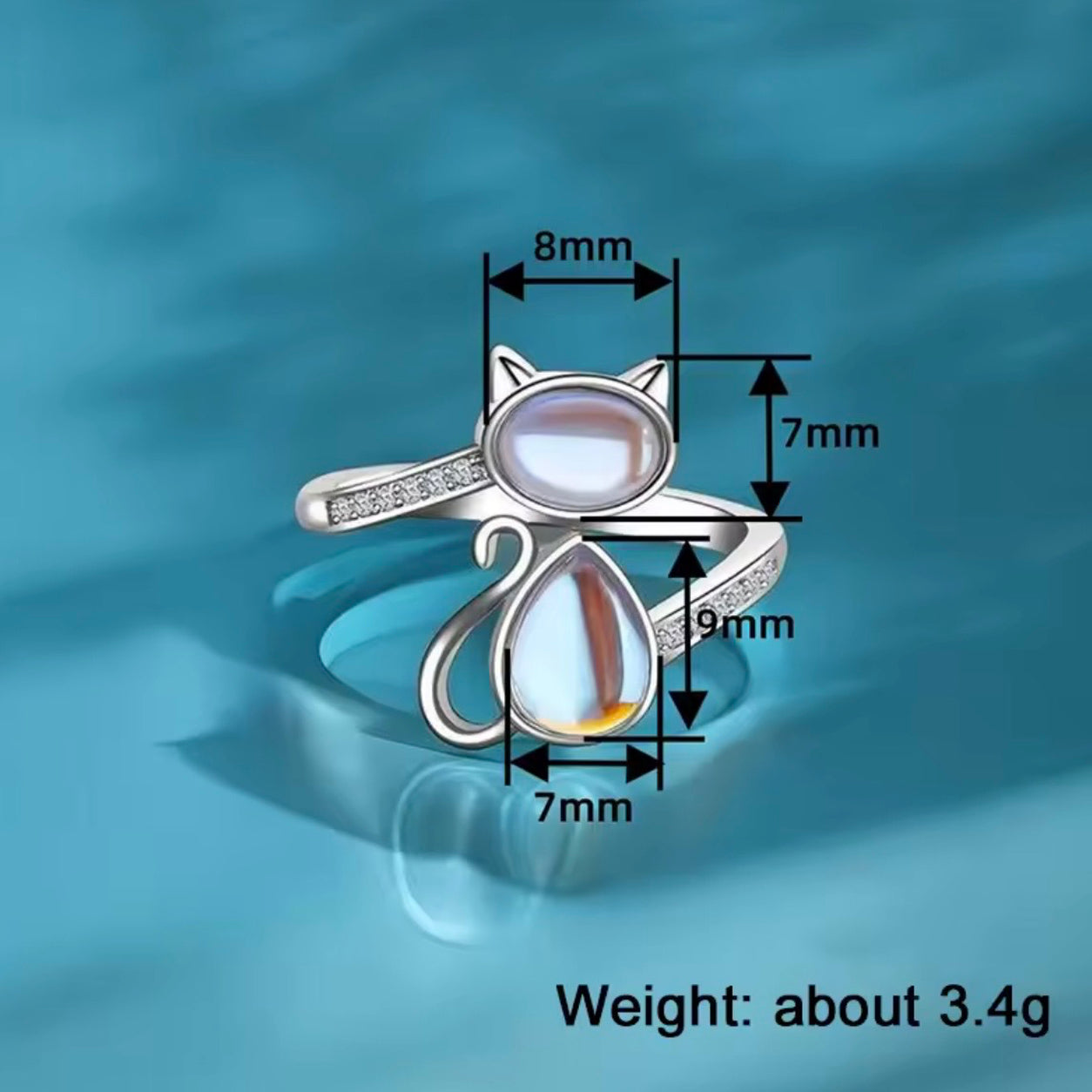 Moonstone Cat Ring dimensions and size guide showing measurements and approximate weight.