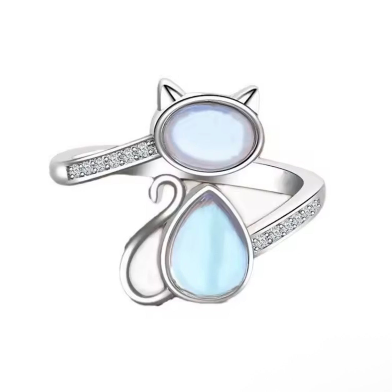 Moonstone Cat Ring with silver cat silhouette and iridescent moonstone gemstones on a white background.