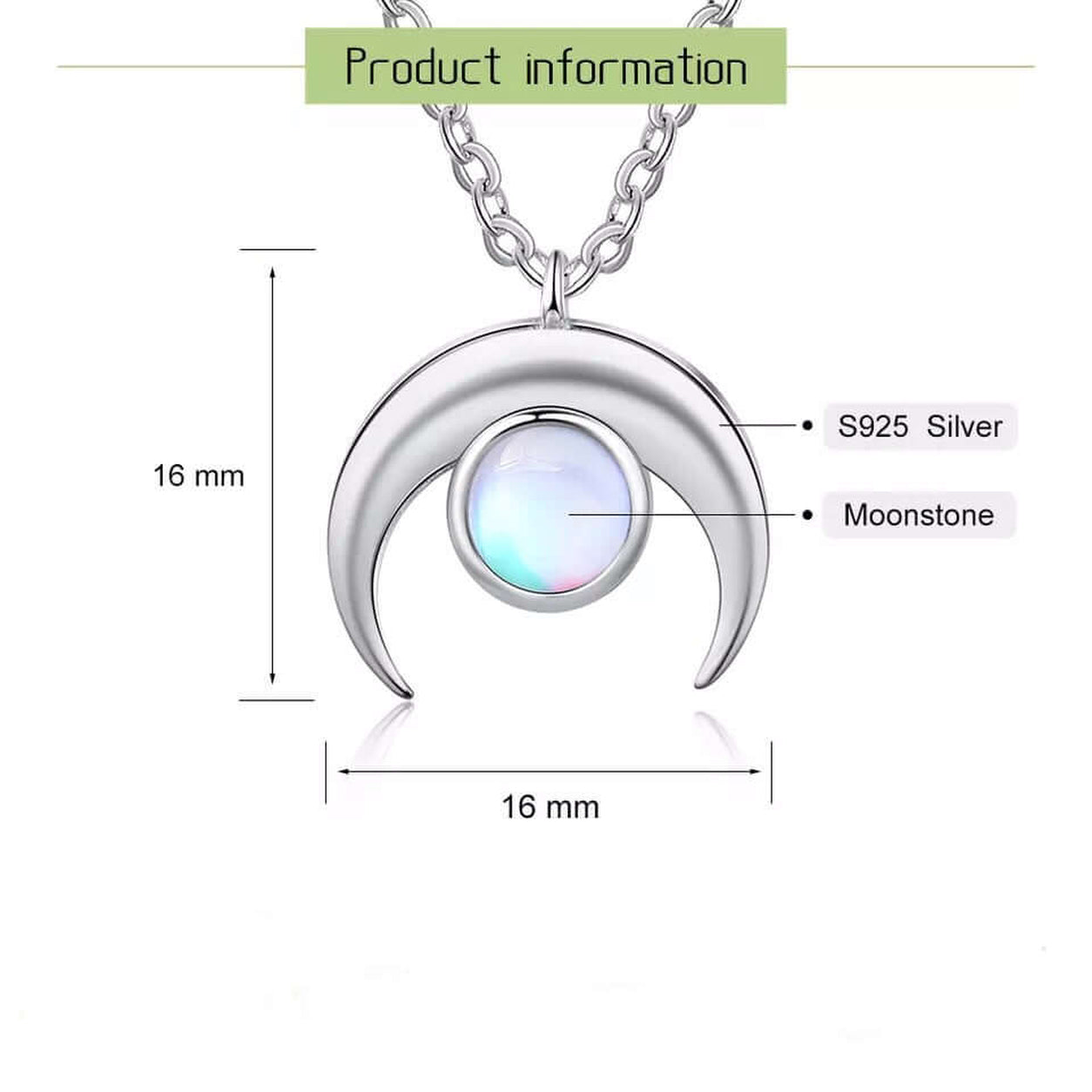 Moonstone Crescent Pendant Necklace dimensions showing 16 mm sterling silver crescent pendant with moonstone.