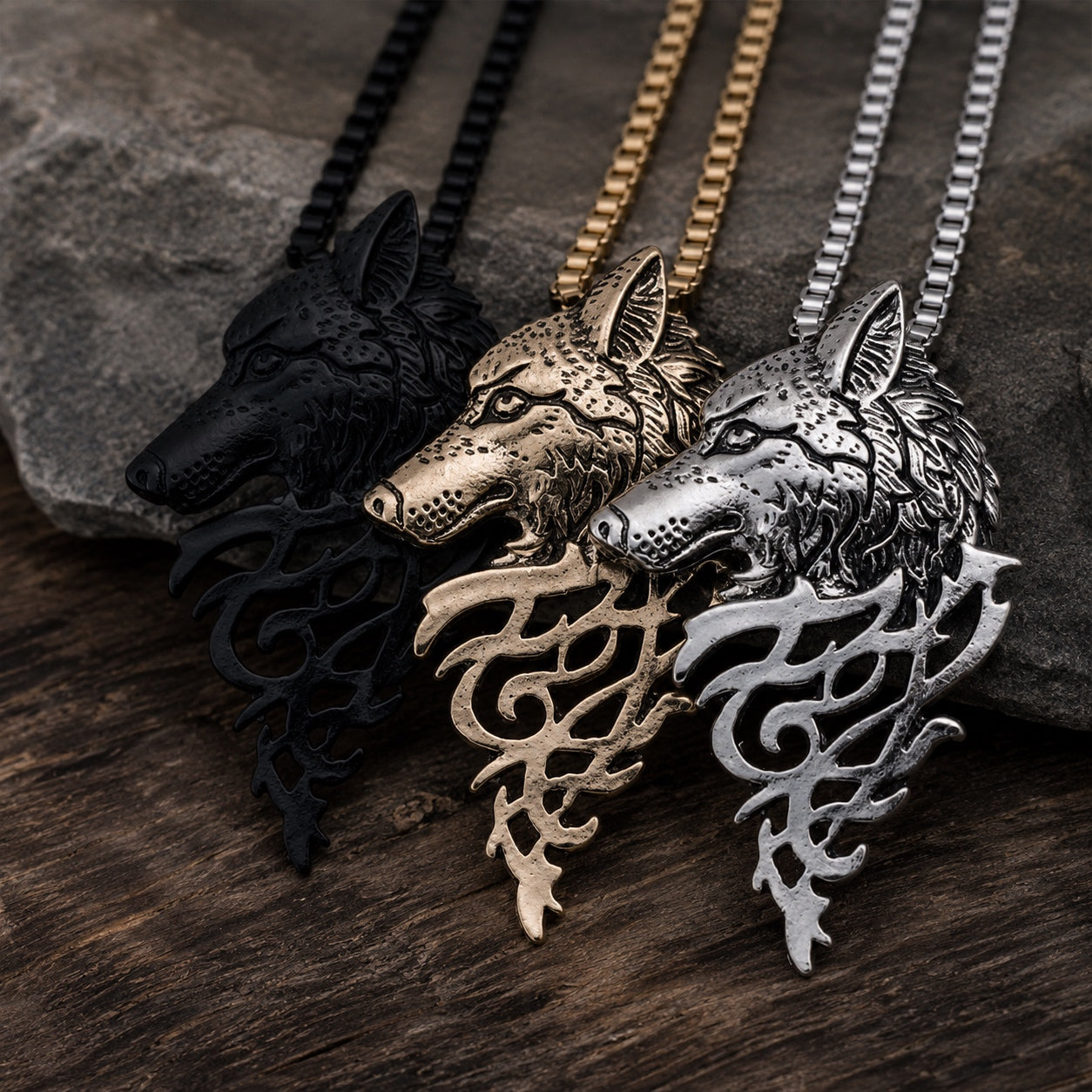 Mystic Wolf Pendant Necklace shown in black, gold, and silver finishes with detailed wolf head pendant and box chains.