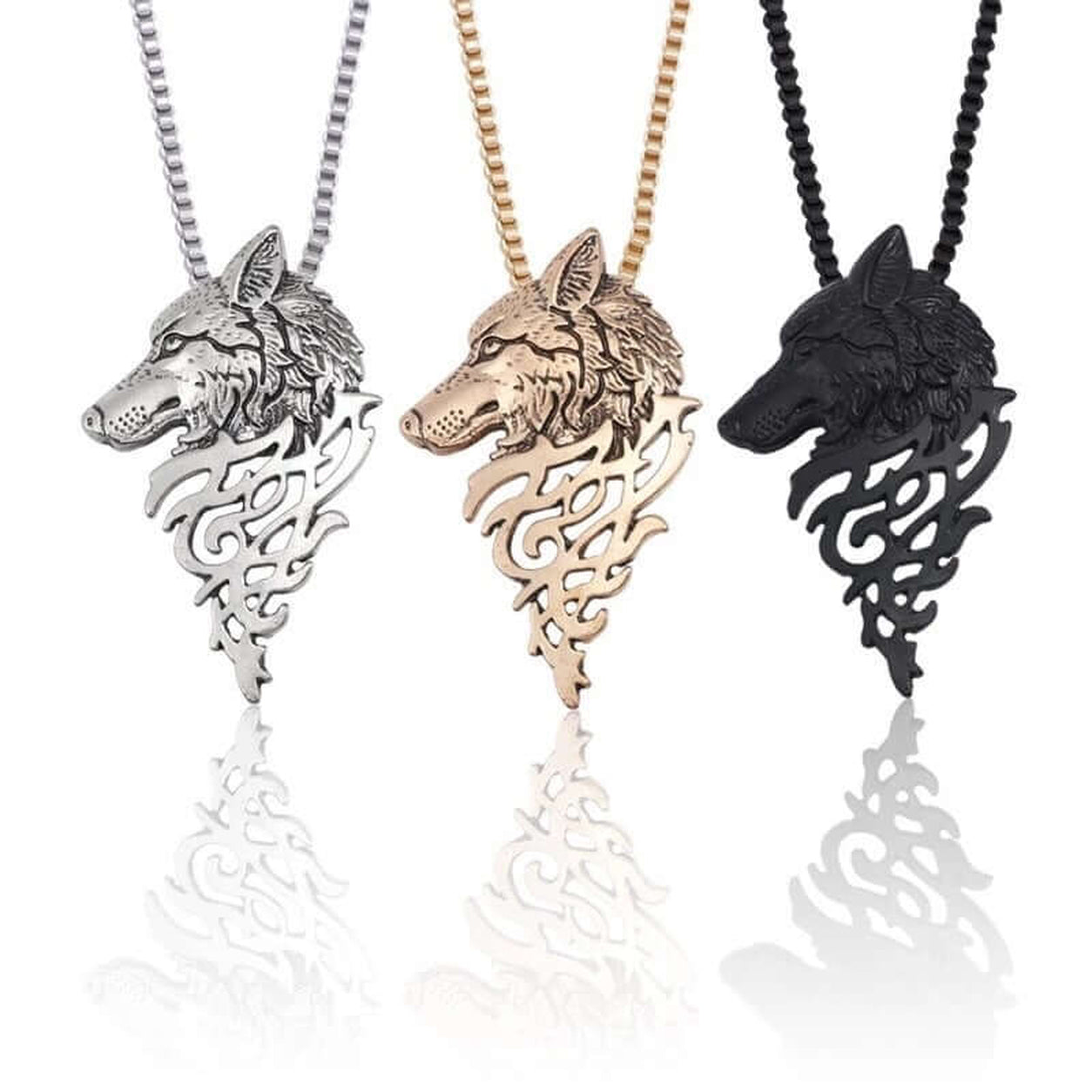 Mystic Wolf Pendant Necklace available in silver, gold, and black finishes on matching box chains.