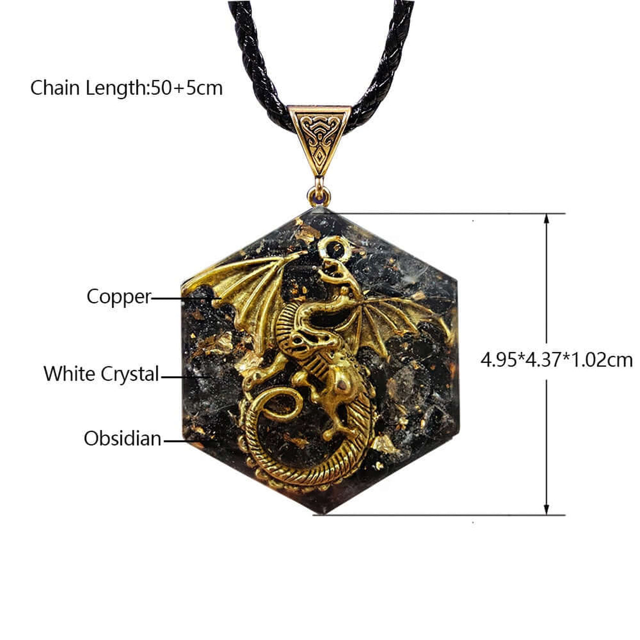 Obsidian Dragon Pendant Necklace dimensions showing pendant size, braided cord length, and material details.