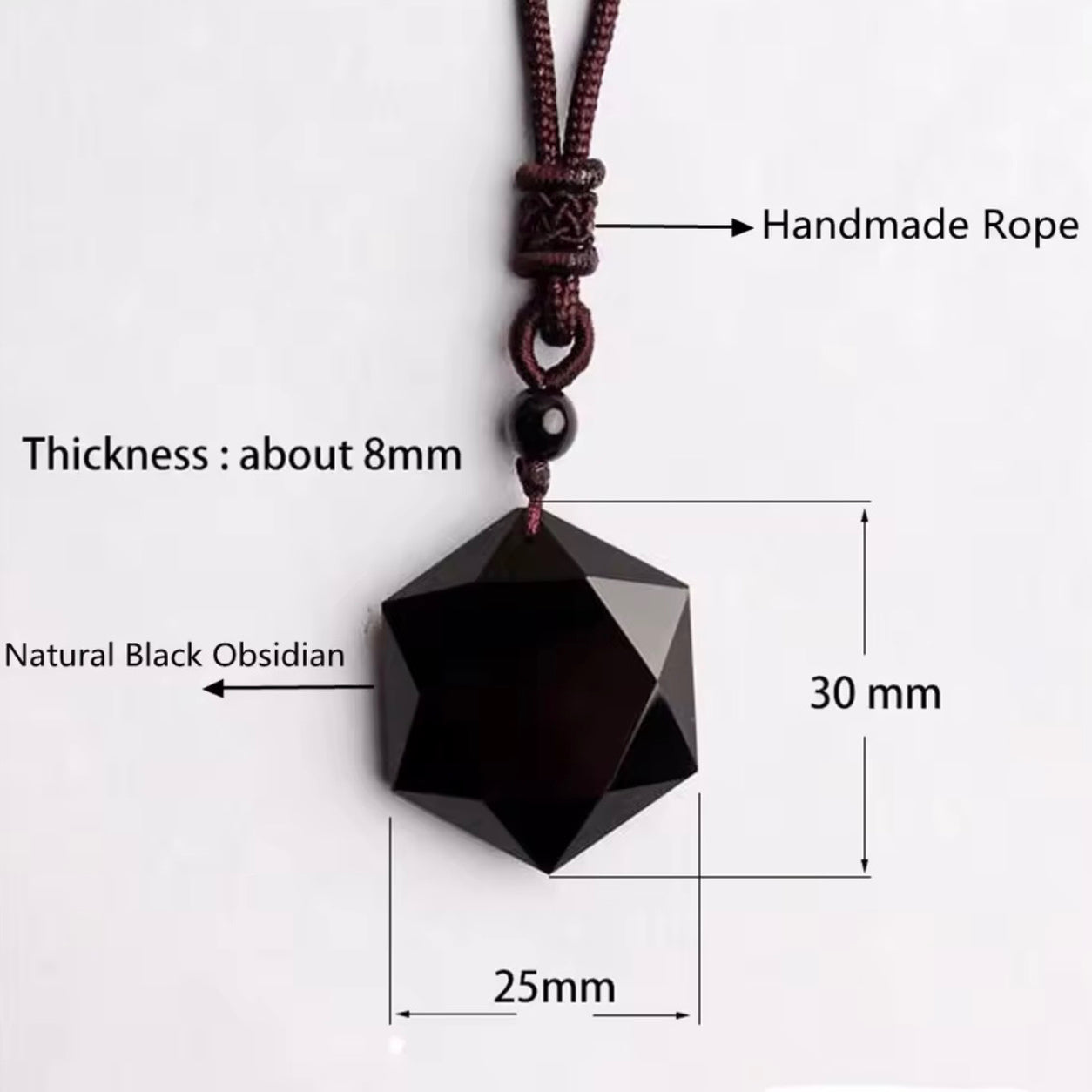 Obsidian Hexagon Pendant Necklace size guide showing a natural black obsidian pendant measuring 30 mm by 25 mm on an adjustable handmade braided rope necklace.