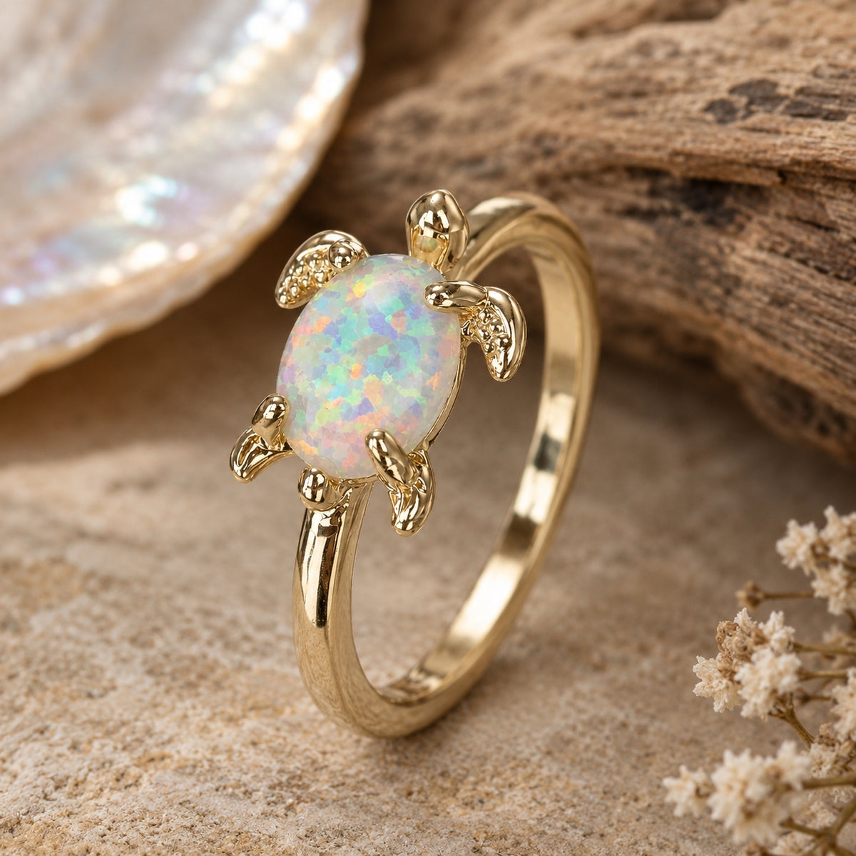 A gold turtle ring with a colorful iridescent opal gemstone on the shell, displayed on a sandy surface with driftwood and dried flowers.